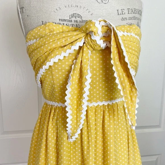 Lulus Mustard Yellow Polka Dot Strapless Midi Dress NWT Bow Ric Rac Trim Sz M - Picture 4 of 12